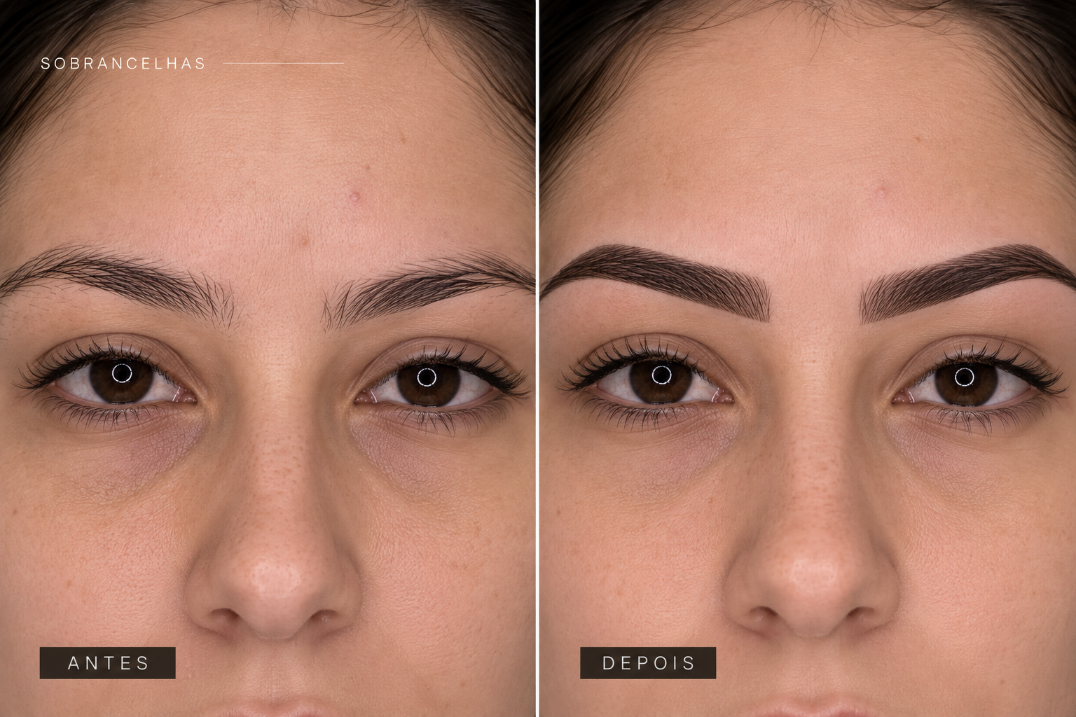 Antes e depois de micropigmentação de sobrancelhas, rosto completo