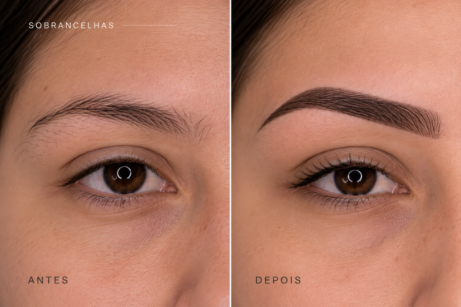 Antes e depois de micropigmentação de sobrancelhas, detalhe do olhar